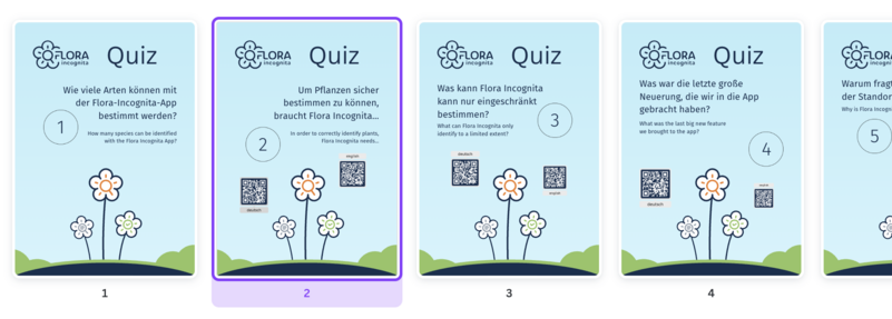 Screenshot, welcher 4 der 7 Quiz-Fragen zeigt.
