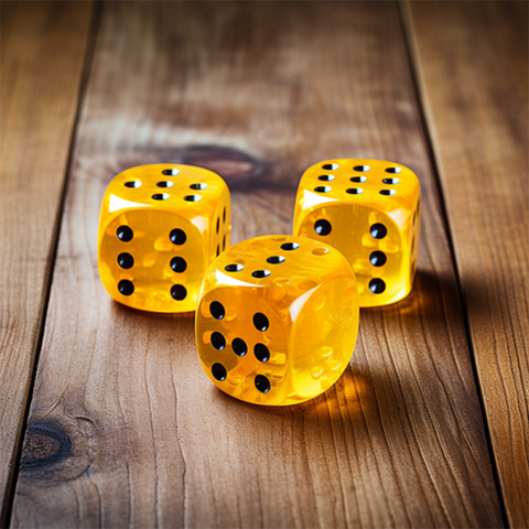 Prompt und Bildinhalt: »three yellow dices lying on a wooden surface«. Allerdings sind auf den Seiten der Spielwürfel sehr sonderbare Muster mit sieben oder neun Punkten oder asymmetrischen Anordnungen von sechs Punkten, eine Seite ist sogar komplett leer