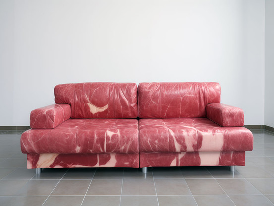 K.I.-generiertes Bild eines Sofas in einem Raum mit dunkelgrau gefliestem Boden und kahlen weiß getünchten Wänden. Das Sofa sieht aus, als sei es komplett aus rohem Fleisch anfegertigt.