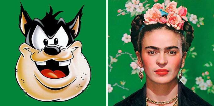 Zwei Bilder nebeneinander: eine Zeichnung des Disney-Schurken Kater Karlo und ein Portrait der Malerin Frida Kahlo.