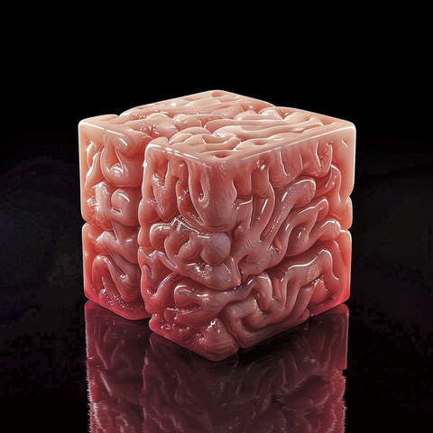 K.I.-generiertes Bild eines fotorealistisch gerenderten würfelförmigen Gehirns auf schwarzem, spiegelndem Hintergrund