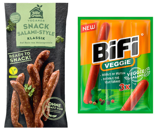 Abbildung zweier Produktverpackungen mit fleischlosen Snacksalamis:
links: Billie Green Veganer Snack Salami-Style, rechts: BiFi veggie