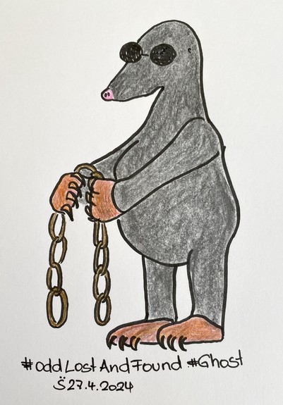 Illustration of a comic style mole holding chains, with sunglasses and hashtags '#OddLostAndFound #Ghost' along with the date '27.4.2024' at the bottom.