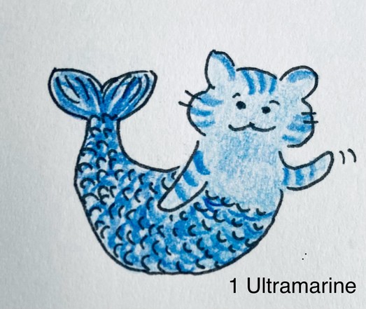 Hand-drawn illustration of a blue cat mermaid with smiling face and tail fin, on a white background with the text 