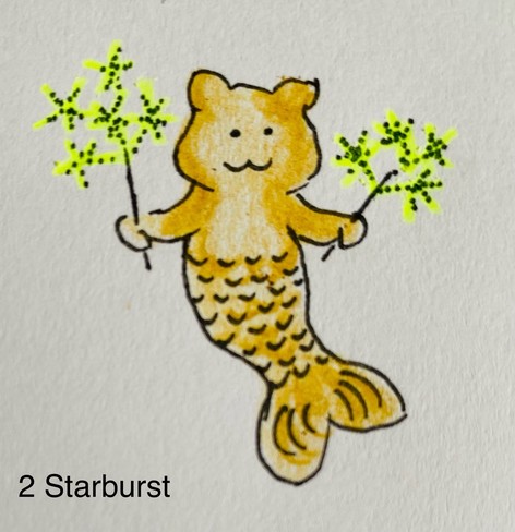 Hand-drawn illustration of a whimsical creature with a cat head and a mermaid tail holding two yellow, sparkling starburst fireworks.
