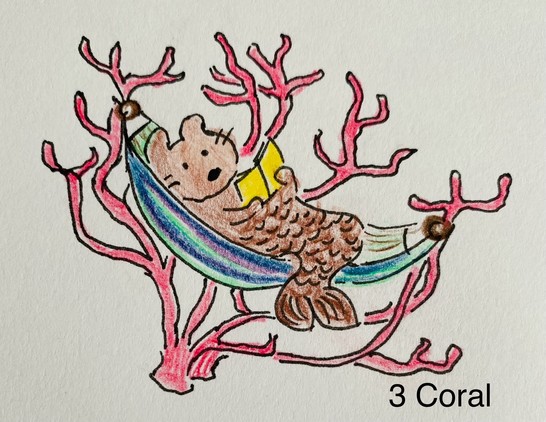Alttext: Drawing of a Mercat lying in a Hammock tied to pink coral branches. It’s reading a yellow book.
AutoAlt: Hand-drawn image of a cartoon beaver lying in a hammock tied to pink coral branches, with 