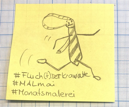 Hand-drawn image of anthropomorphic necktie running, with hashtags related to art and a monthly painting challenge.