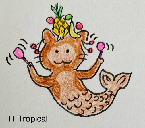 Hand-drawn image of a mermaid cat holding maracas, with a fruit hat, over the text 