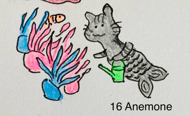 Hand-drawn illustration of a cat mermaid  with a watering can in the paw tending to colorful anemones, with a small clownfish nearby. Text reads 
