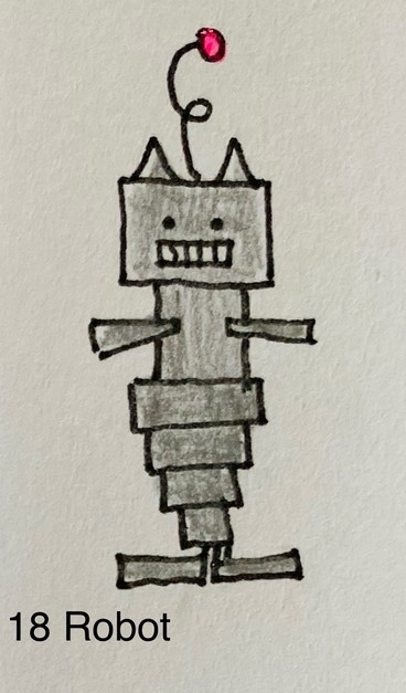 A simplistic hand-drawn mercat robot with a square head, rectangular body, and an antenna with a red tip. Labeled 
