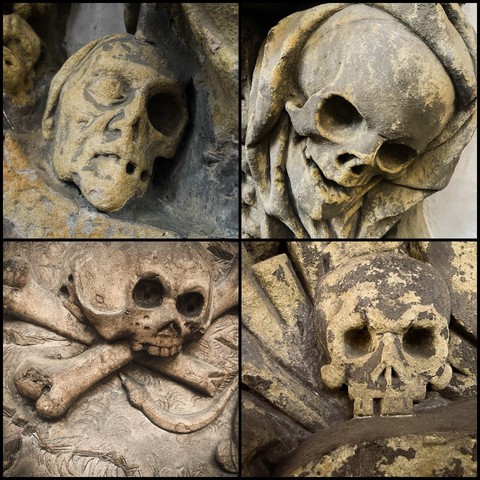 Viergeteiltes Fotoensemble mit aus Stein gemeißelten Totenmasken und Totenschädeln, entstanden vermutlich zwischen Mittelalter und Barock.
