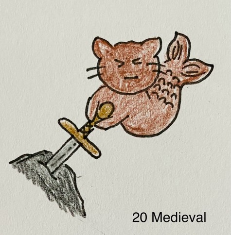 A hand-drawn image of a mercat trying to pull a sword out of a rock. Text at the bottom reads 