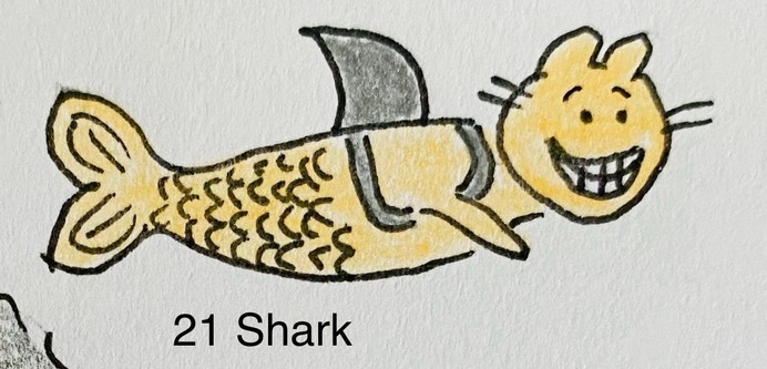 A drawing of a whimsical mercat with a shark’s fin at the back with a grinning, cartoon-style face and the text 