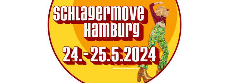 Orange-rot-gelbes kreisförmiges Werbelabel des Schlagermove Hamburg im 70er-Jahre-Design:
Schlagermove Hamburg 24.-25.5.2024