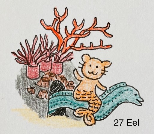 An illustrated cat with a mermaid tail rides a teal eel, with coral and seaweed in the background. 