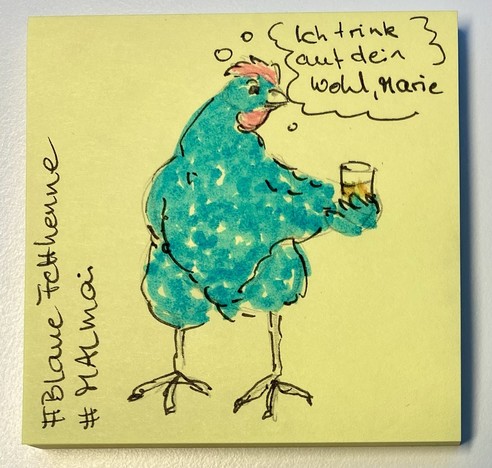 Sketch of a blue chicken holding a drink, with a speech bubble saying 