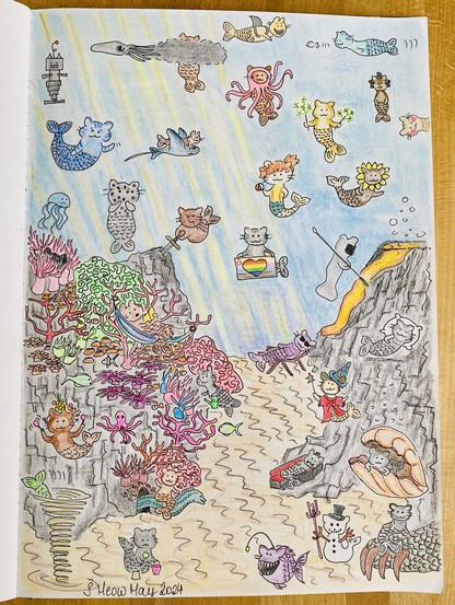 Cartoon-style drawing of an underwater scene filled with anthropomorphic cat mermaids and various sea creatures engaged in whimsical activities such as playing musical instruments, pouring tea, and wearing costumes. The background features coral reefs, sea plants, and a volcanic lava flow