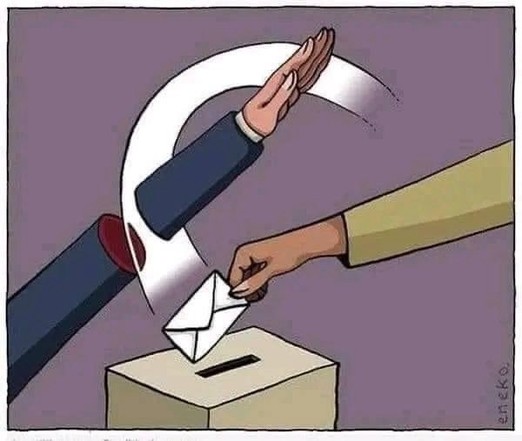 Cartoon: ein zum Hitlergruß erhobener Arm über einer Wahlurne wird von der »Klinge« eines Wahlumschlags, den ein anderer arm dynamisch in vitalem Schwung in die Urne steckt, zwischen Handgelenk und Ellenbogen durchtrennt 