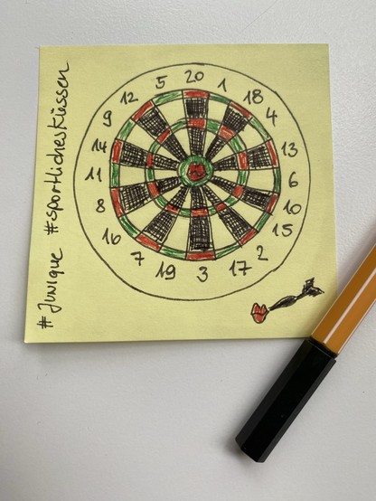 A hand-drawn dartboard with kissing lips as bullseye on a yellow sticky note, accompanied by the hashtag 