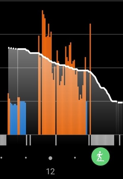 Ausschnitt einer Grafik aus meiner Garmin App. Ein kombiniertes Balken-Linien-Diagramm. Blaue Balken sind Erholung, rote Stress, bei grau wird nicht gemessen oder eine Aktivität überwacht. Eine weiße Linie zeigt die Body Battery/ Energiereserven.
Mein Schlaf (lang, bis 10) hatte offb Stressphasen. Frühstück und Familie: starker Stress (soziale Interaktion). Ins Workout starte ich mit ca 50 Energiepunkten und baue davon die Hälfte ab, was auch immer da gemessen wird.
Ab 25 gilt das Level als niedig, Erholung wird dringend empfohlen.
Ok.