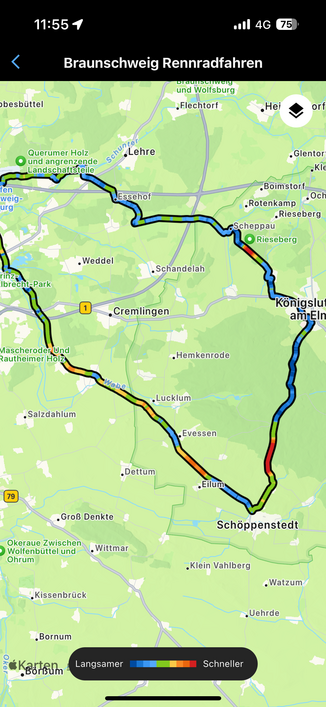 Screenshot der Route in Garmin. Von Braunschweig nach Osten über Königslutter dann südlich durch den Elm und dann nach Nordwesten zurück