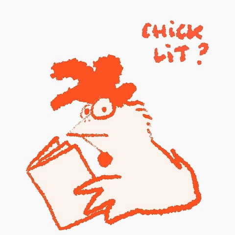 Cartoon eines Huhns, das ein Buch in den Flügeln hält und ratlos guckt. Dazu die Worte „Chick Lit?“