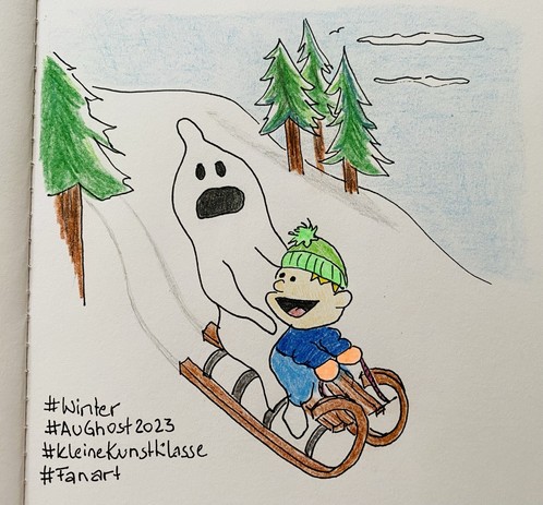 A child wearing a green hat and blue outfit rides a sled down a snowy hill alongside a ghost that is screaming. There are evergreen trees and a cloudy sky in the background. The drawing resembles to Calvin and Hobbes by Bill Watterson. Hashtags at the bottom left corner read: #Winter, #AUGhost2023