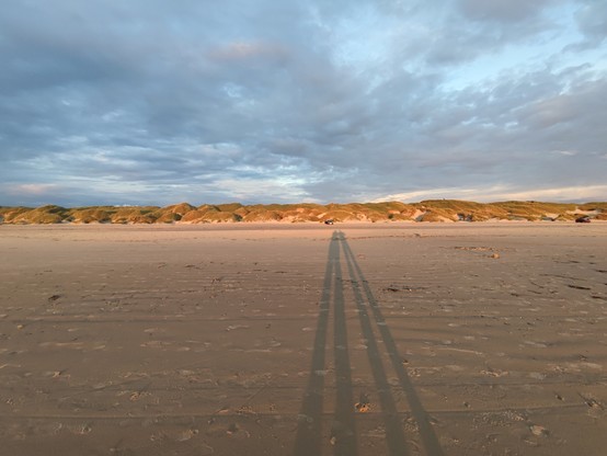 Zwei Personen werfen lange Schatten mit sehr langen Beinen über den abendlichen Strand Richtung Dunen
