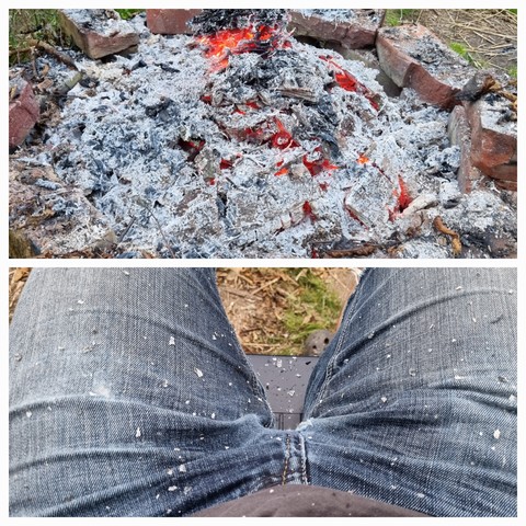 Collage mit heruntergebranntem Lagerfeuer sowie aschebeflockter kurzer Hose