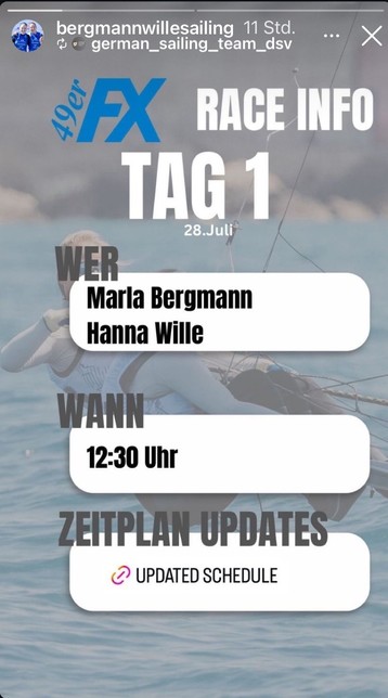 Screenshot vom Instagram Account von @bergmannwillesailing und dem @german_sailing_team_dsv mit der Ankündigung der Rennzeit 12:30 Uhr MESZ