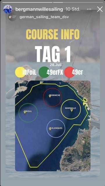 Screenshot vom Instagram Account von @bergmannwillesailing und dem @german_sailing_team_dsv mit einer Karte der Rennstrecke