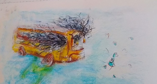 Auf einer Buntstift Zeichnung kommt von links ein gelber Bus. Die schwarzen, langen Haare der Fahrerin  wehen aus den Seitenfenstern. blues, der kleine melancholische zyclop schwebt vor dem Bus, sei  Auge weit geöffnet.