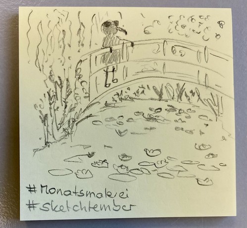 A pencil sketch on a sticky note depicting a fly standing on a bridge overlooking a pond filled with lily pads and surrounded by plants. Includes hashtags 