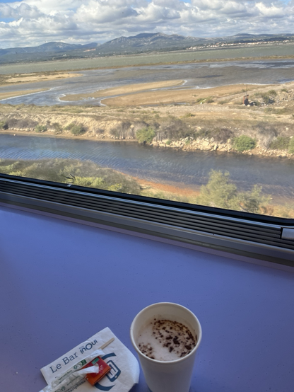 Blick aus Zugfenster auf Landschaft mit Binsenwiesen und Wasserflächen