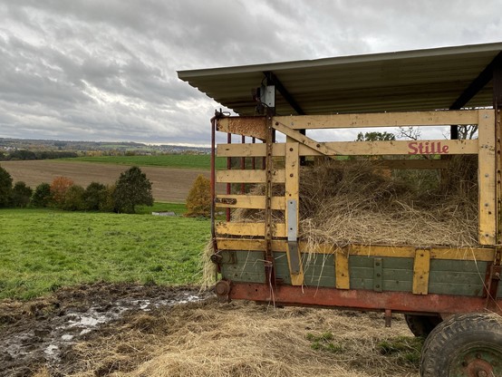 
Ein mit Heu beladener Bauernhofanhänger ist im Vordergrund zu sehen, mit einem riesigen grünen Feld und fernen Hügeln im Hintergrund unter einem bewölkten Himmel.

A farm trailer loaded with hay is shown in the foreground, with a vast green field and distant hills in the background under a cloudy sky.