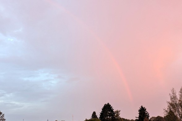 Himmel mit Regenbogen, sogar Teile eines zweiten Regenbogens sind zu erahnen. Baumspitzen am unteren Bildrand.