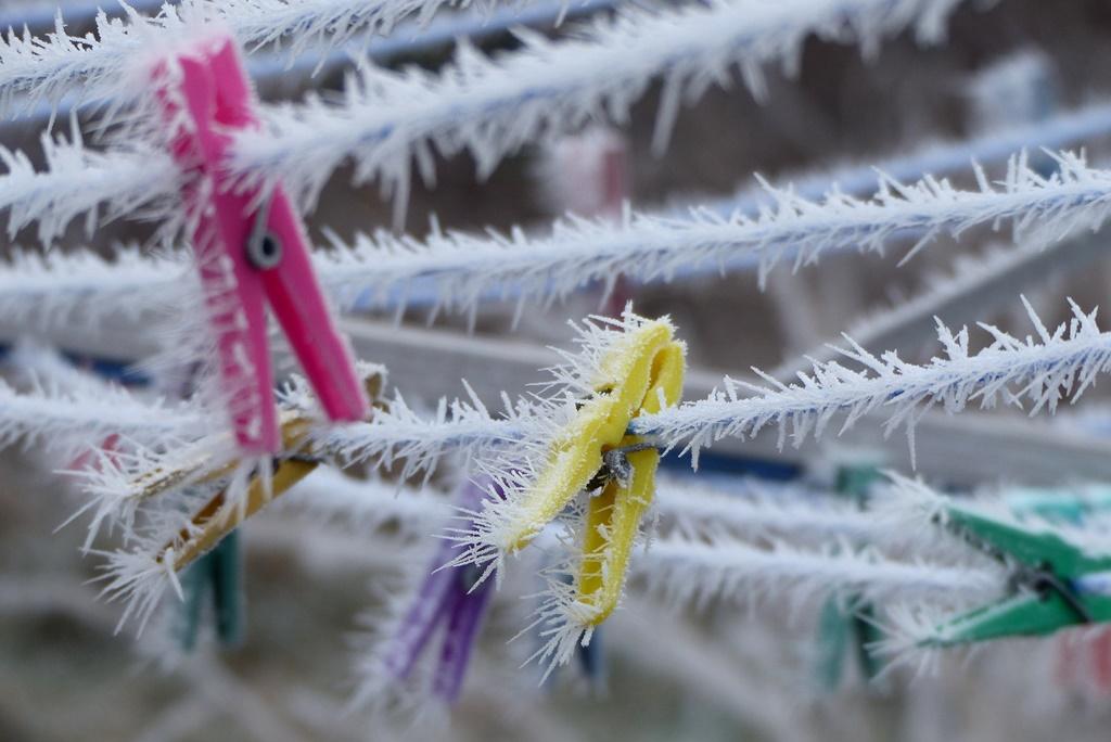 Wäscheleinen und bunte Wäscheklammern mit spitzen Reifkristallen besetzt