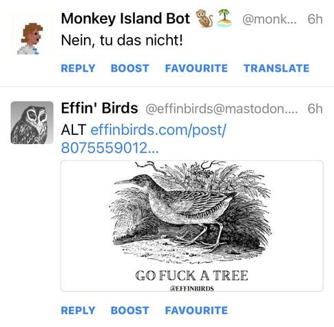 Zwei Toots, der untere von Effin‘ Birds zeigt den Holzschnitt eines Vogels mit der Unterschrift „Go fuck a tree“. Darüber einer vom Monkey Island Bot, der sagt „Nein, tu das nicht!“. 