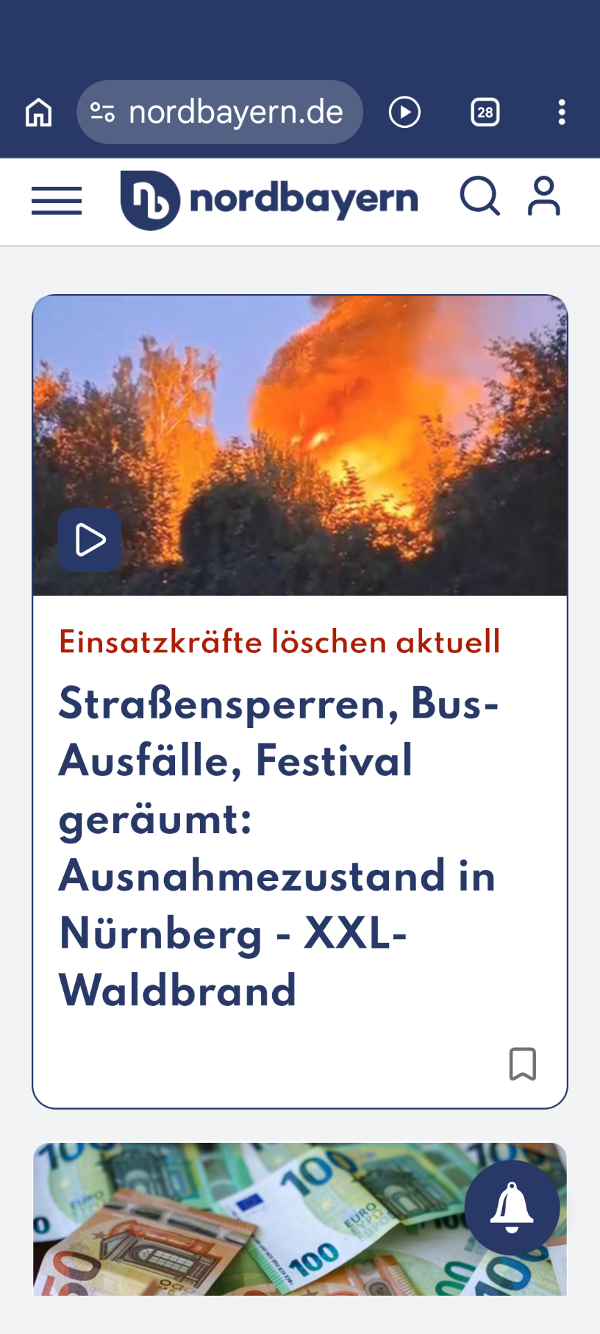 Screenshot von nordbayern.de: Bild mit brennendem Wald, darunter die Überschrift: "Einsatzkräfte löschen aktuell
Straßensperren, Bus-Ausfälle, Festival geräumt: Ausnahmezustand in Nürnberg - XXL-Waldbrand"