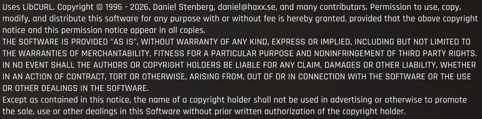 License Disclaimer for using libCurl at the end of "Into The Light", the James Bond videogame by IO Interactive.
