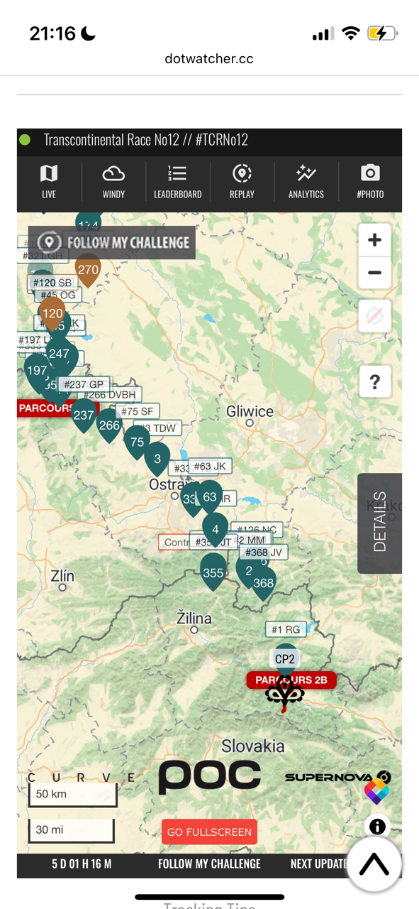 Aktuelle Karte vom TCR mit einer Reihe von Punkten und Parcours 2A und 2B.