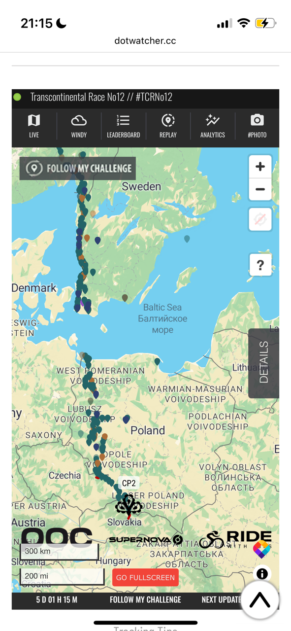Aktuelle Karte vom TCR von Schweden bis Slowakei, eine gleichmäßige Linie von Punkten mit ganz wenigen einzelnen Punkten, die die Fähren nach Danzig genommen haben.